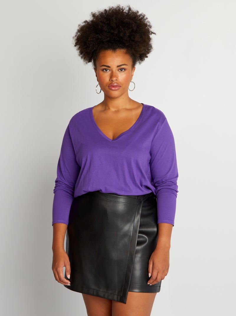 Tee-shirt basique manches longues et col V Violet - Kiabi