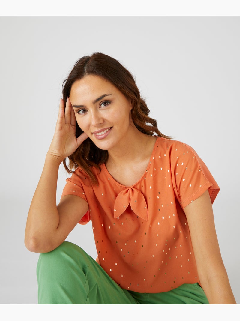 Tee-shirt bi-matière à motifs brillants, manches courtes - Damart Orange - Kiabi