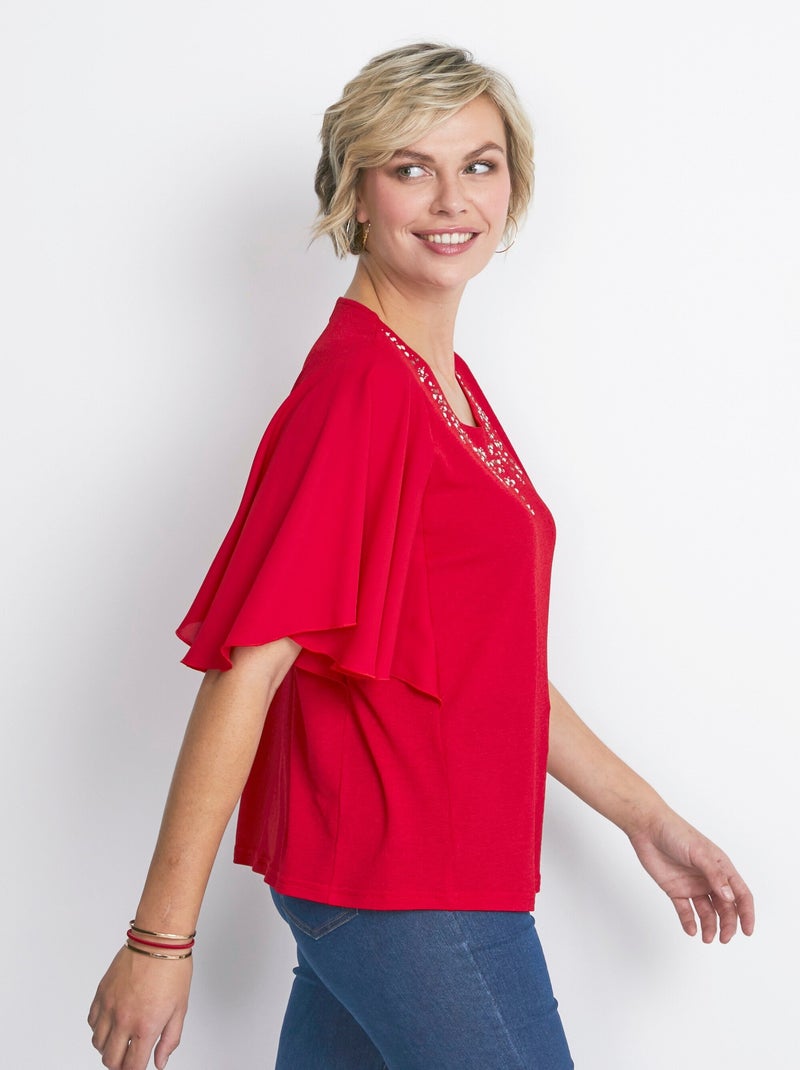 Tee-shirt bi-matière manches 3/4 papillon Rouge - Kiabi