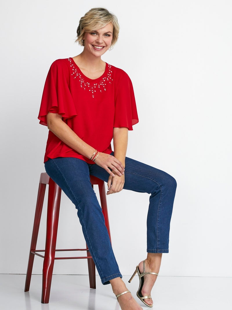 Tee-shirt bi-matière manches 3/4 papillon Rouge - Kiabi