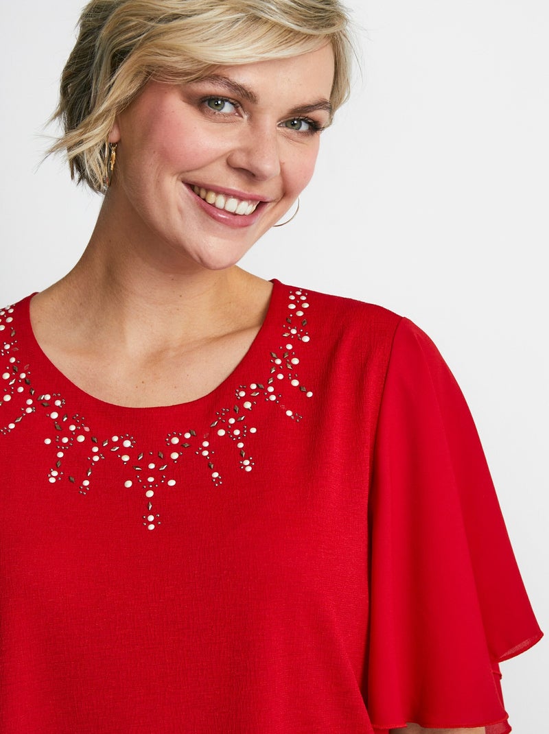 Tee-shirt bi-matière manches 3/4 papillon Rouge - Kiabi
