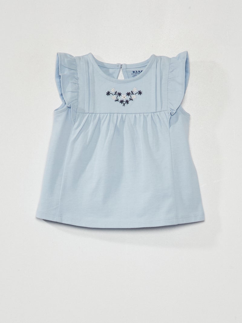 Tee-shirt brodé avec manches volantées Bleu - Kiabi
