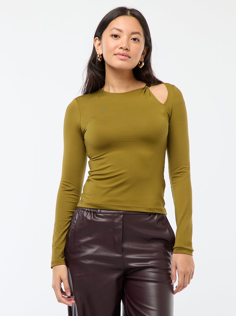 Tee-shirt cintré avec détail doré Kaki - Kiabi