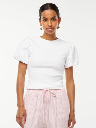 Tee-shirt cintré bi-matière avec manches bouffantes