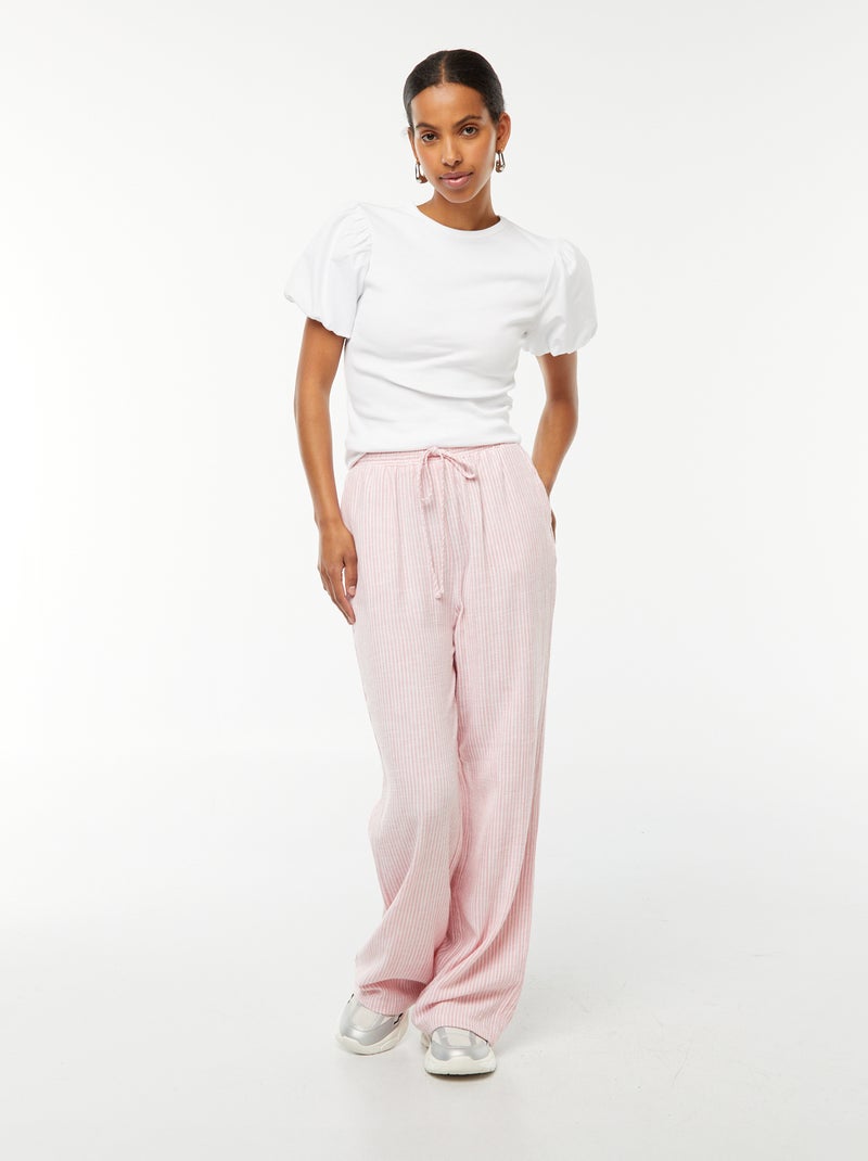 Tee-shirt cintré bi-matière avec manches bouffantes Blanc - Kiabi