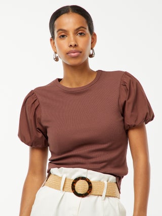 Tee-shirt cintré bi-matière avec manches bouffantes