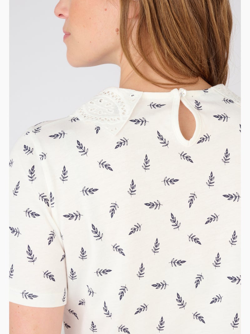 Tee-shirt col broderie anglaise - Damart Blanc - Kiabi