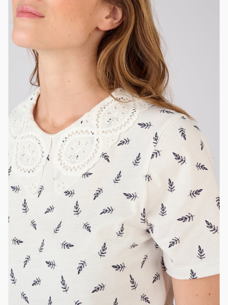 Tee-shirt col broderie anglaise - Damart Blanc - Kiabi