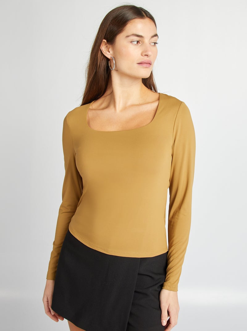 Tee-shirt col carré Marron - Kiabi