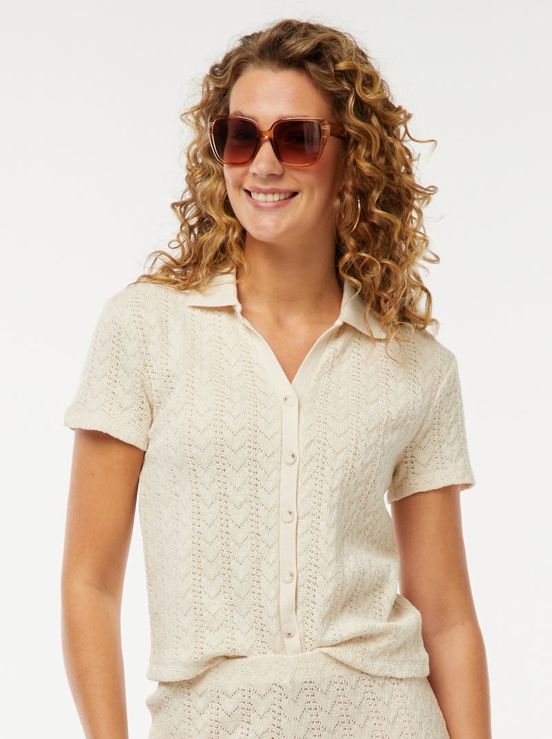 Tee-shirt col polo maille crochet Beige - Kiabi
