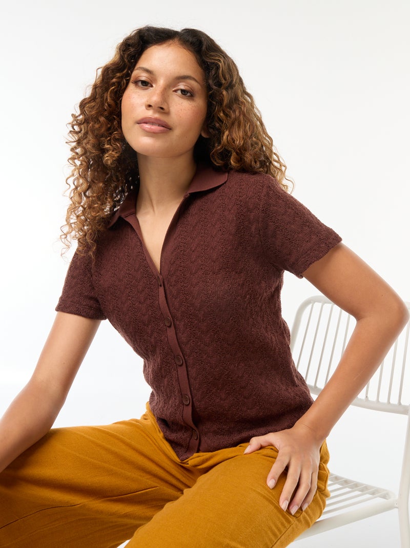 Tee-shirt col polo maille crochet Marron - Kiabi