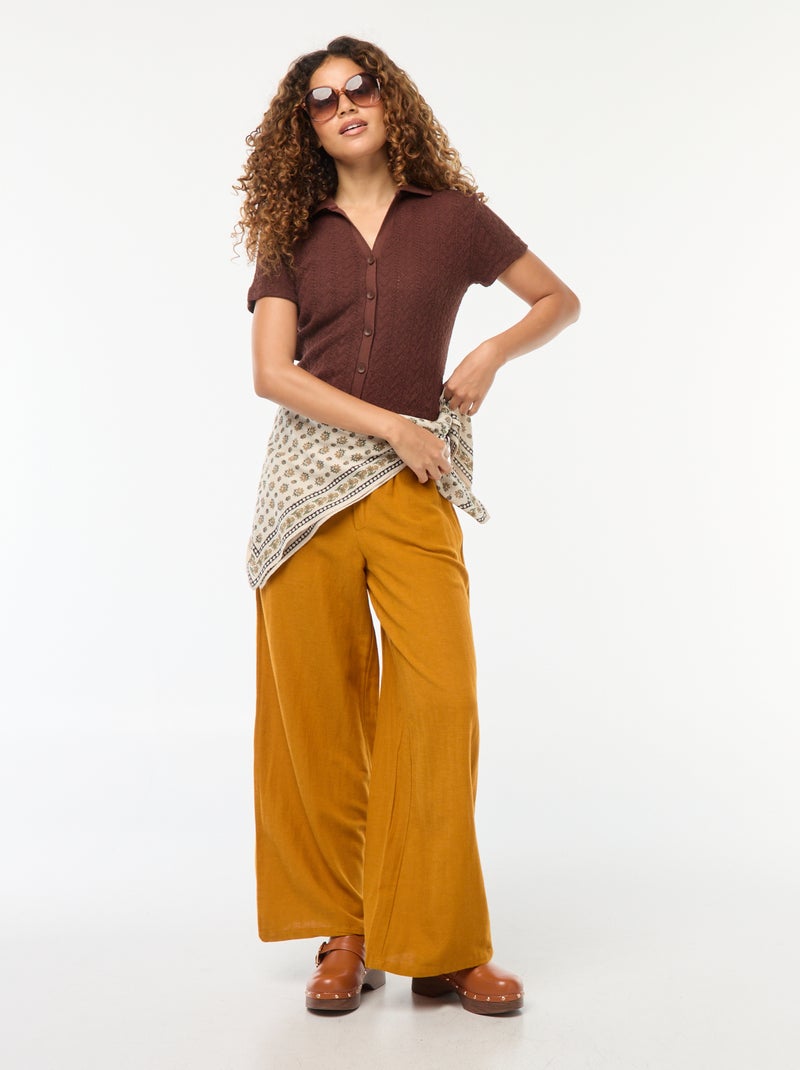 Tee-shirt col polo maille crochet Marron - Kiabi