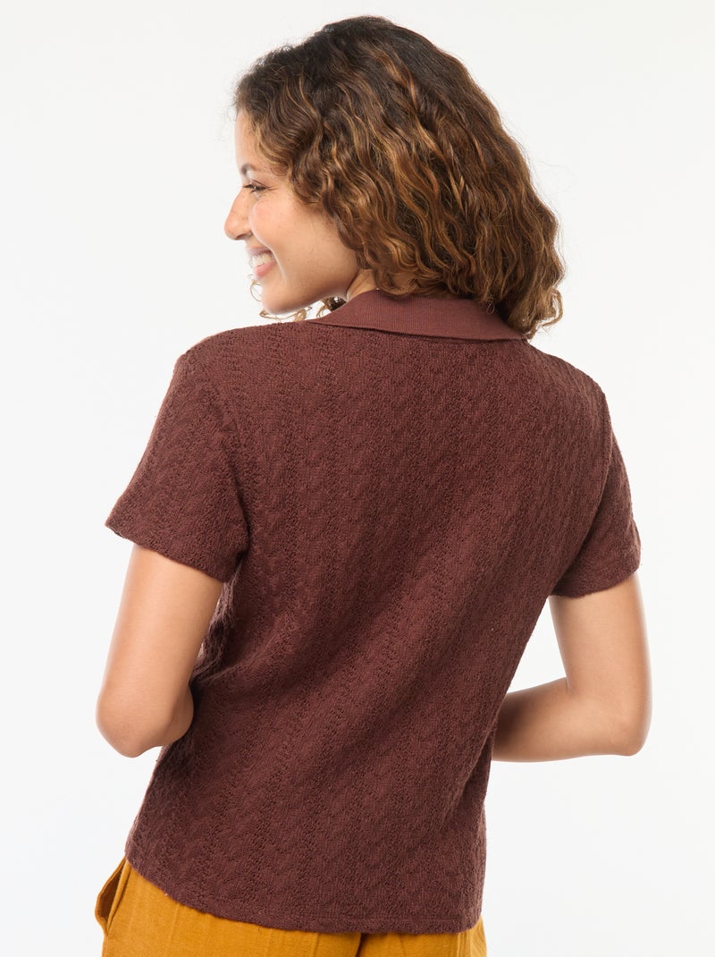 Tee-shirt col polo maille crochet Marron - Kiabi