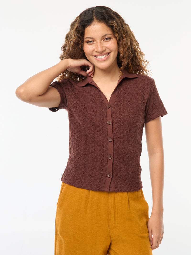 Tee-shirt col polo maille crochet Marron - Kiabi