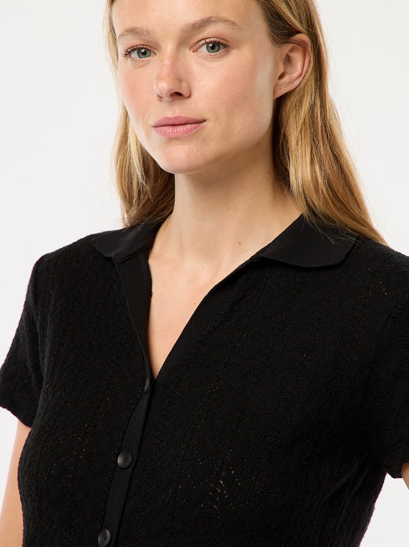 Tee-shirt col polo maille crochet Noir - Kiabi