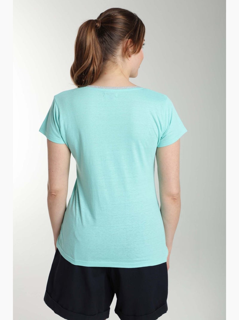 Tee Shirt Col Rond Lurex Manches Courtes Femme Tee Summer Carage() | Gerard Pasquier Avec Col Rond | Bleu turquoise - Kiabi