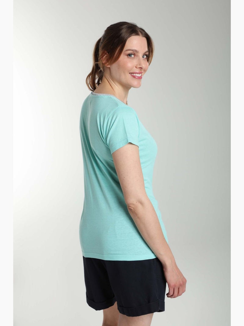 Tee Shirt Col Rond Lurex Manches Courtes Femme Tee Summer Carage() | Gerard Pasquier Avec Col Rond | Bleu turquoise - Kiabi