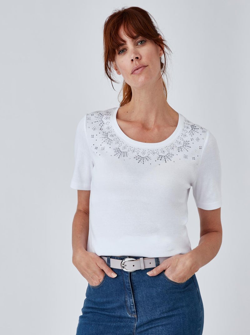 Tee-shirt col rond strassé - Damart Blanc - Kiabi