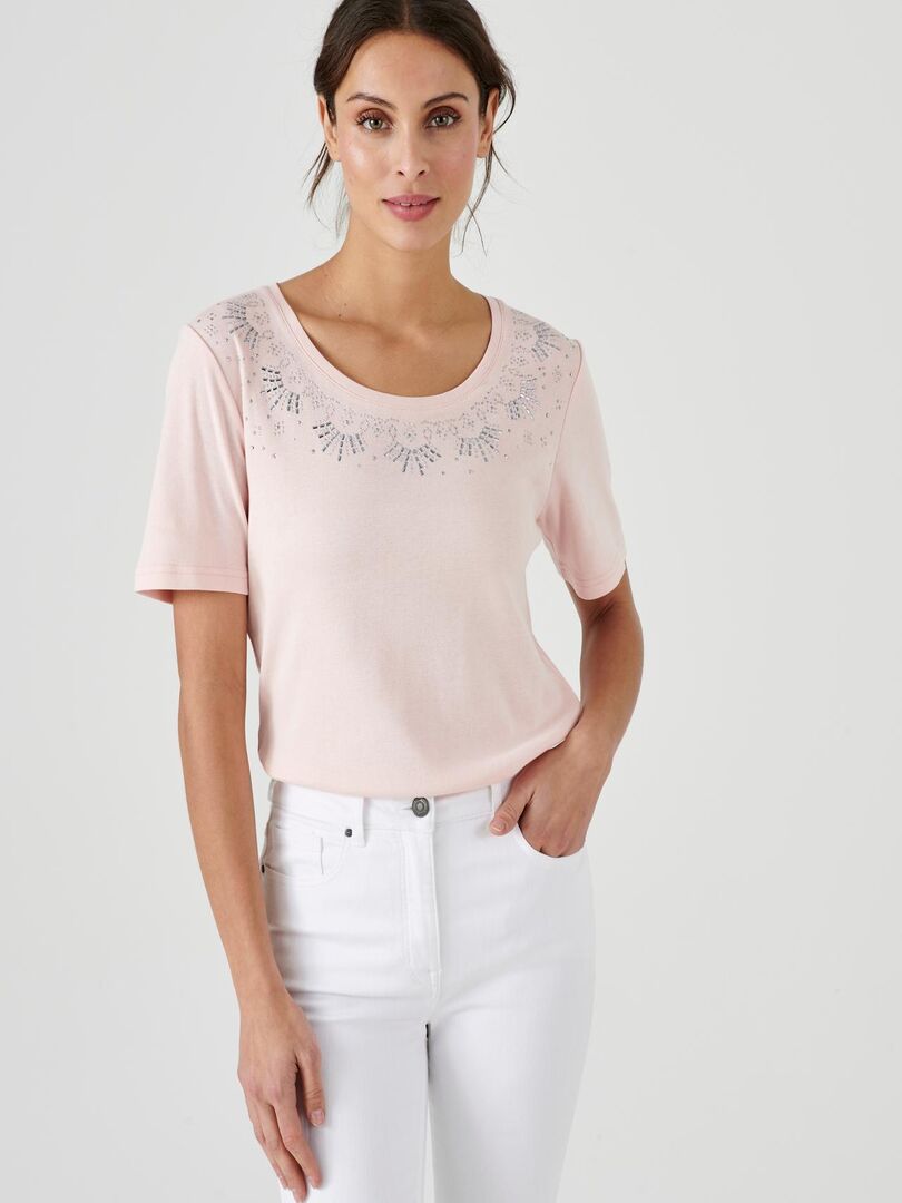 Tee-shirt col rond strassé - Damart - Rose pâle - - 20.99