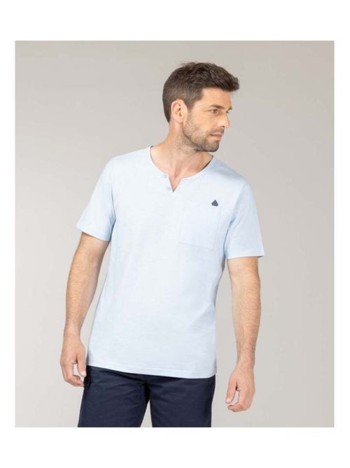 Tee-shirt col tunisien bleu azur Homme - Kiabi