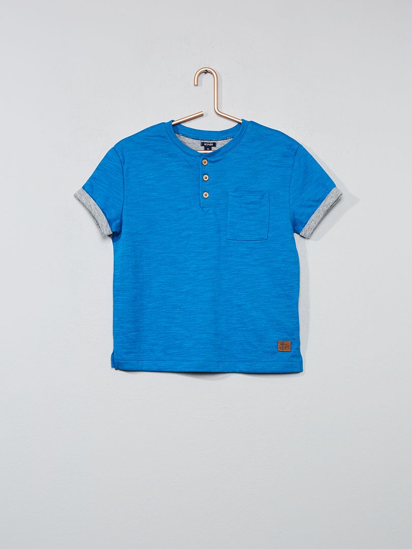 T-shirt col tunisien coton bio flammé bleu main image 1