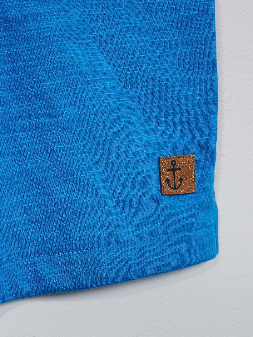 T-shirt col tunisien coton bio flammé bleu
