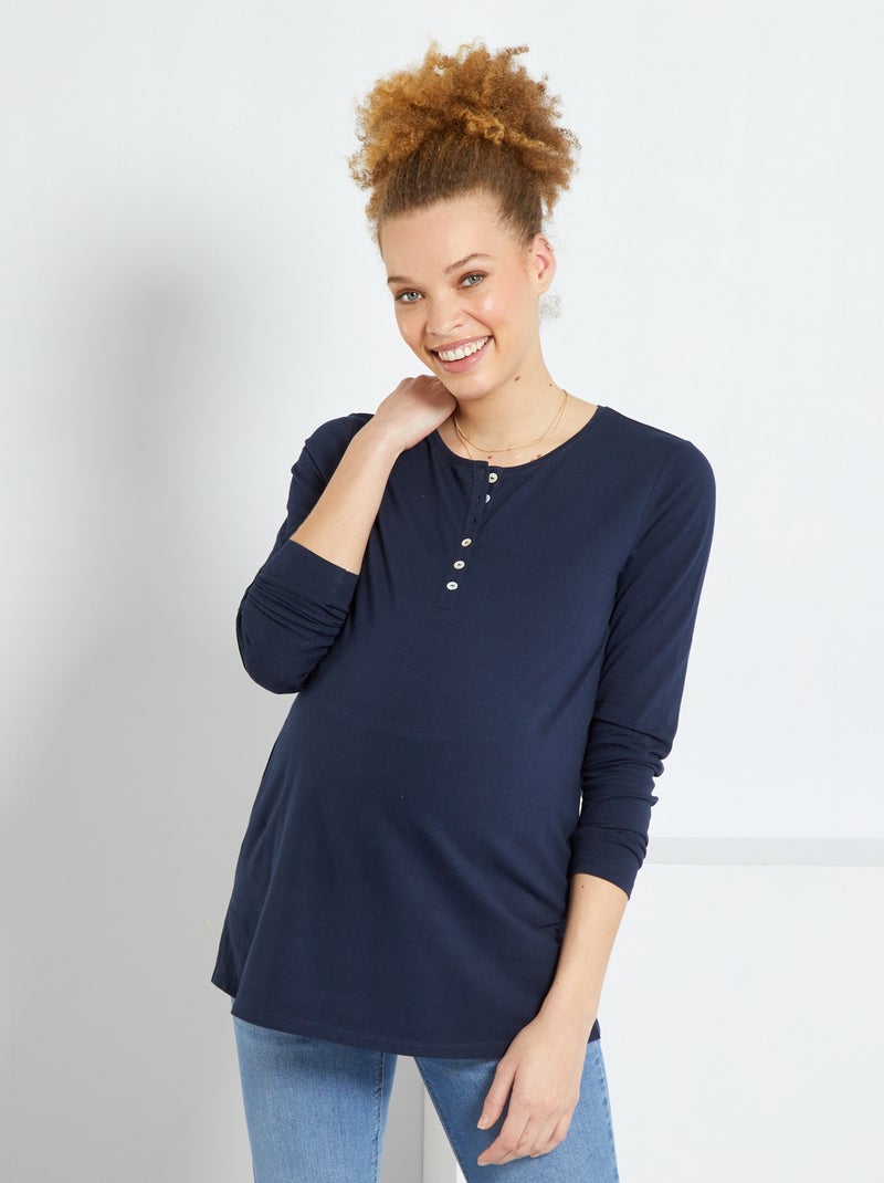 Tee-shirt col tunisien bleu - Kiabi