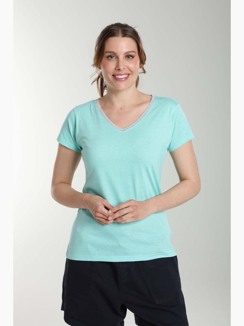 Tee Shirt Col V Lurex Manches Courtes Femme Tee Sun Carage() | Gerard Pasquier Avec Col-v | Gerard P Bleu turquoise - Kiabi