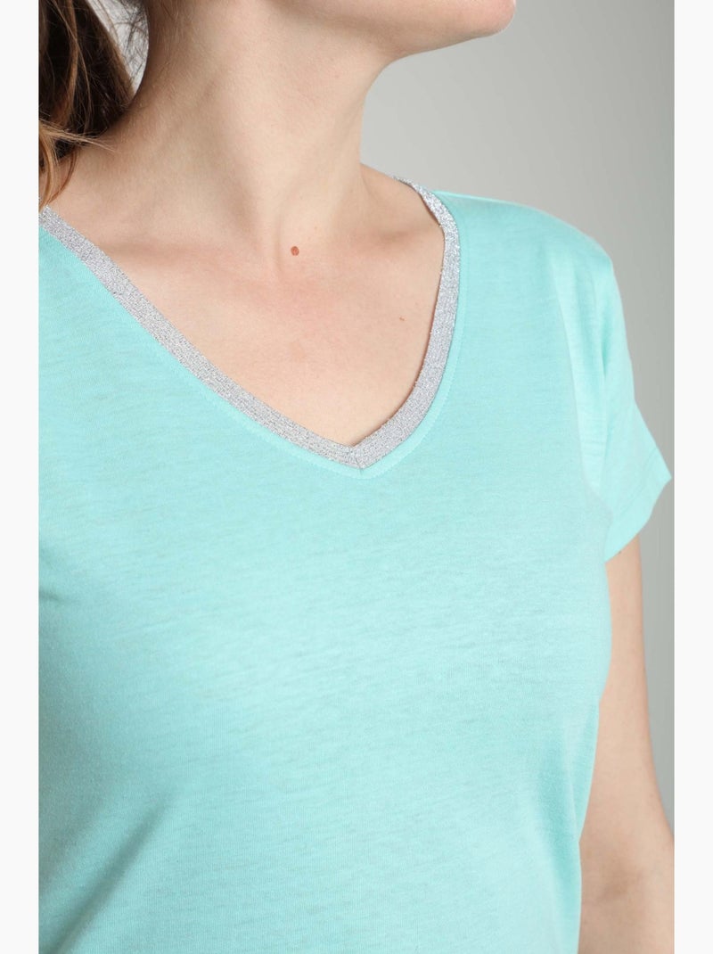 Tee Shirt Col V Lurex Manches Courtes Femme Tee Sun Carage() | Gerard Pasquier Avec Col-v | Gerard P Bleu turquoise - Kiabi