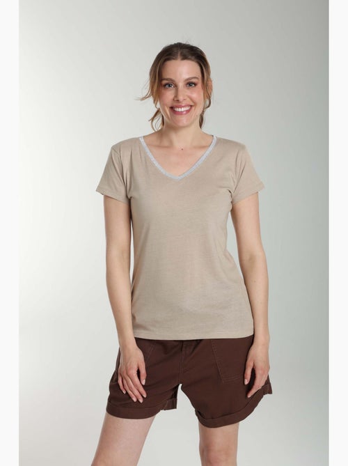 Tee shirt col v lurex manches courtes femme Tee Sun  | Gerard Pasquier - Kiabi
