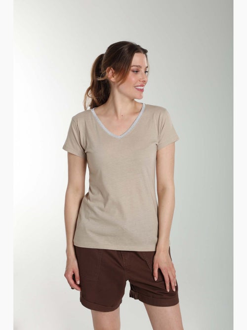 Tee shirt col v lurex manches courtes femme Tee Sun  | Gerard Pasquier - Kiabi