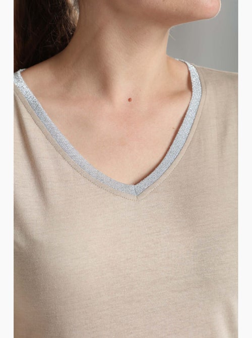 Tee shirt col v lurex manches courtes femme Tee Sun  | Gerard Pasquier - Kiabi