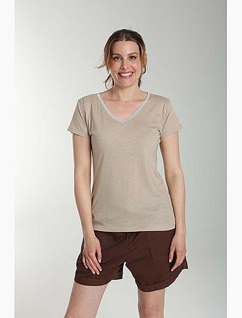 Tee shirt col v lurex manches courtes femme Tee Sun Taupe Clair | Gerard Pasquier