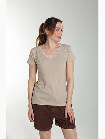 Tee shirt col v lurex manches courtes femme Tee Sun Taupe Clair | Gerard Pasquier