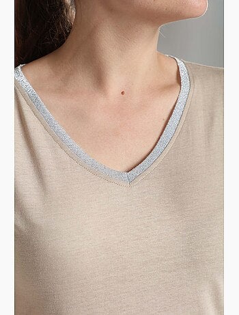 Tee shirt col v lurex manches courtes femme Tee Sun Taupe Clair | Gerard Pasquier