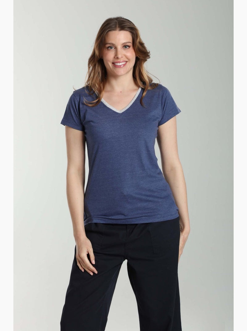 Tee shirt col v lurex manches courtes femme Tee Sun Twilight  | Gerard Pasquier Bleu marine - Kiabi