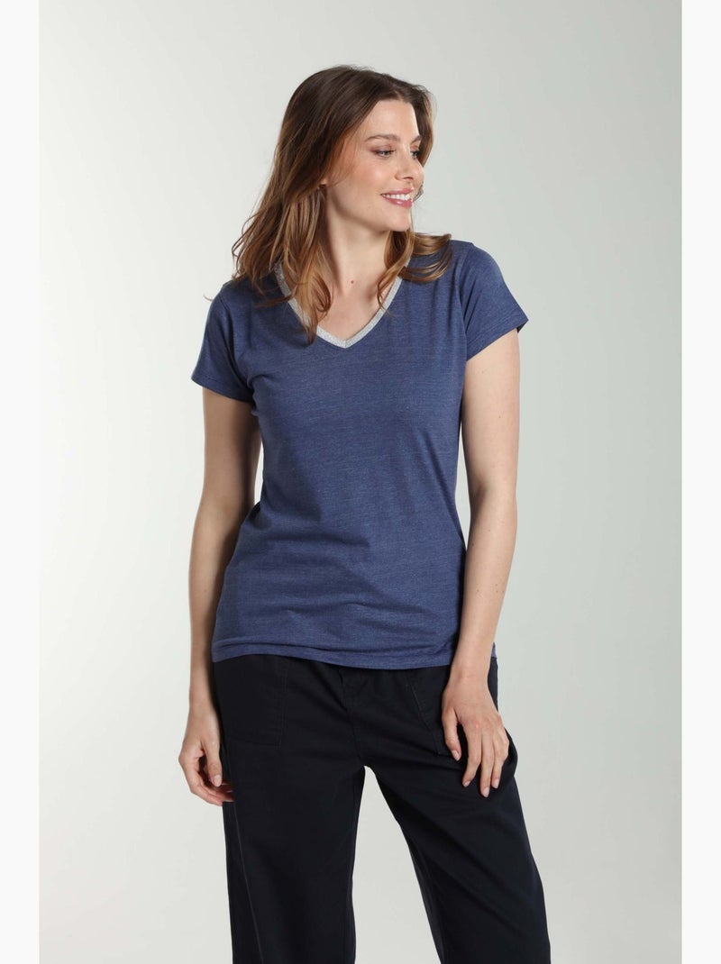 Tee shirt col v lurex manches courtes femme Tee Sun Twilight  | Gerard Pasquier Bleu marine - Kiabi