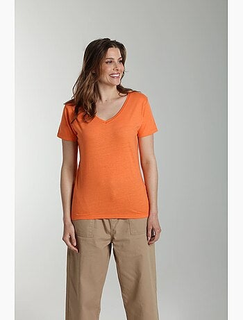 Tee shirt col v manches courtes femme Maddy Corail Rose(Orange) | Gerard Pasquier