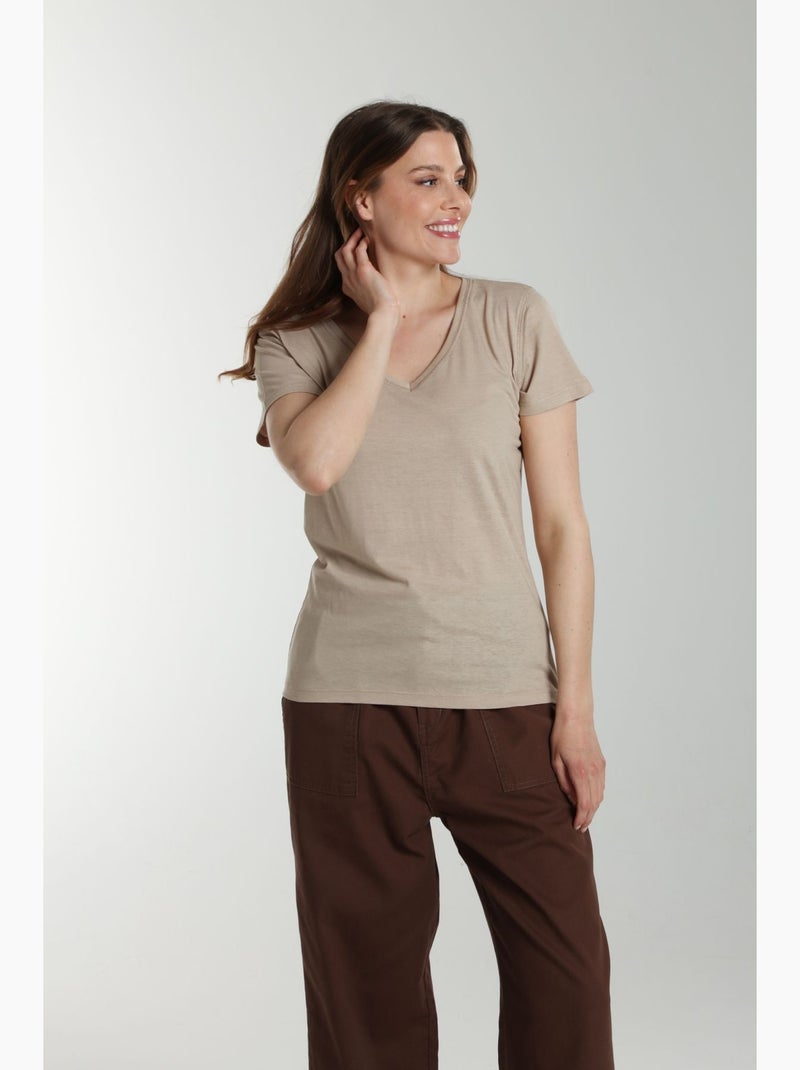 Tee shirt col v manches courtes femme Maddy  | Gerard Pasquier Taupe - Kiabi