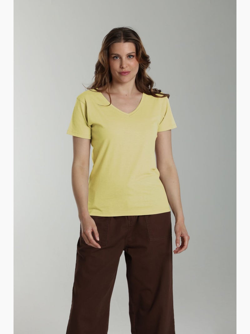 Tee shirt col v manches courtes femme Maddy Popcorn(Jaune) | Gerard Pasquier Jaune - Kiabi
