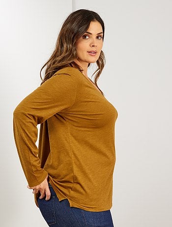 Tee-shirt col V manches longues maille flammée - Kiabi