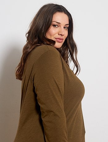 Grande taille femme - Tee-shirt col V manches longues maille flammée - Kiabi