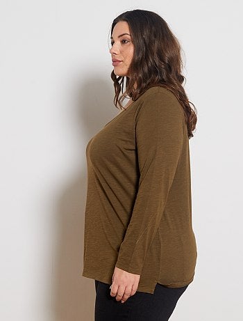 Grande taille femme - Tee-shirt col V manches longues maille flammée - Kiabi