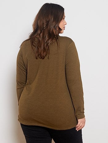 Grande taille femme - Tee-shirt col V manches longues maille flammée - Kiabi
