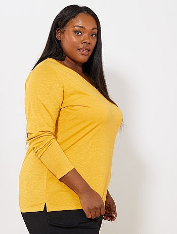 Tee-shirt col V manches longues maille flammée - Kiabi