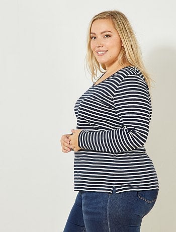 Grande taille femme - Tee-shirt col V manches longues maille flammée - Kiabi