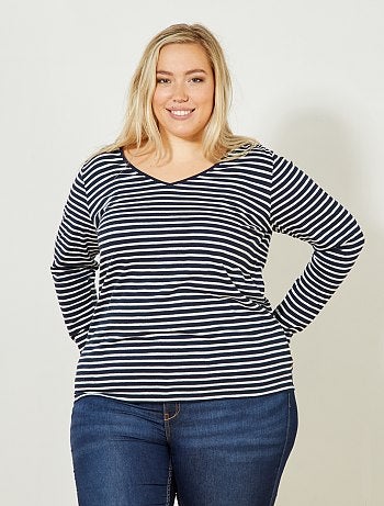 Grande taille femme - Tee-shirt col V manches longues maille flammée - Kiabi