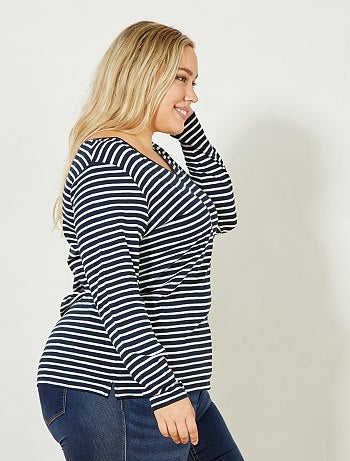 Grande taille femme - Tee-shirt col V manches longues maille flammée - Kiabi