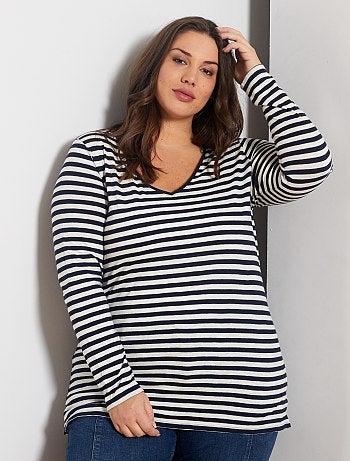 Grande taille femme - Tee-shirt col V manches longues maille flammée - Kiabi