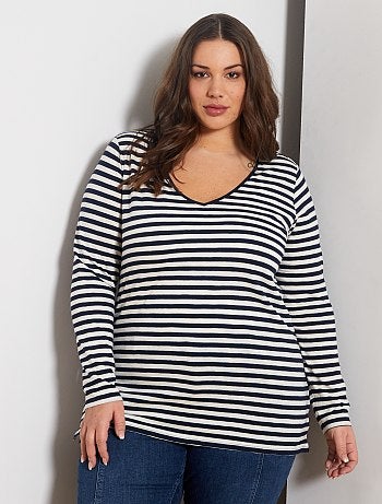 Grande taille femme - Tee-shirt col V manches longues maille flammée - Kiabi